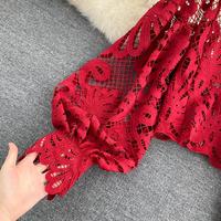 Seksowna koronkowa Hollow Out krótka bluzka Casual latarnia z długim rękawem stojak koszule kołnierzykowe kobiece eleganckie czerwone/różowe/białe luźne góra 2020 6